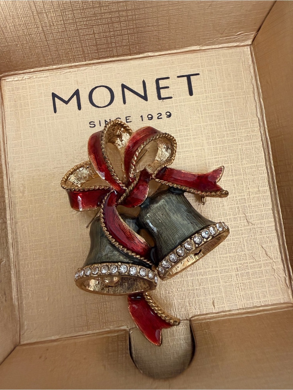 Monet Festive Bell Brooch with Red Ribbon